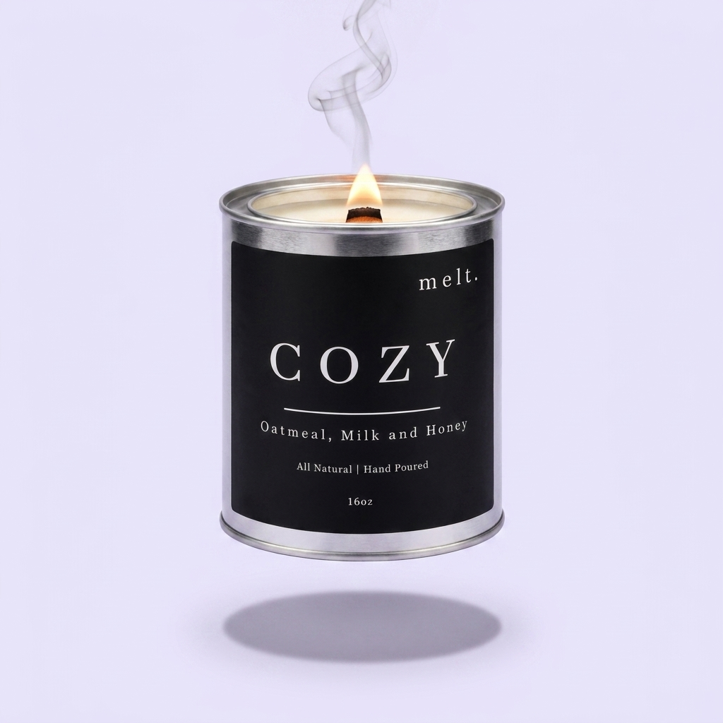 melt. cozy candle floating with lit wooden wick and a wisp of smoke on a pale lavender background