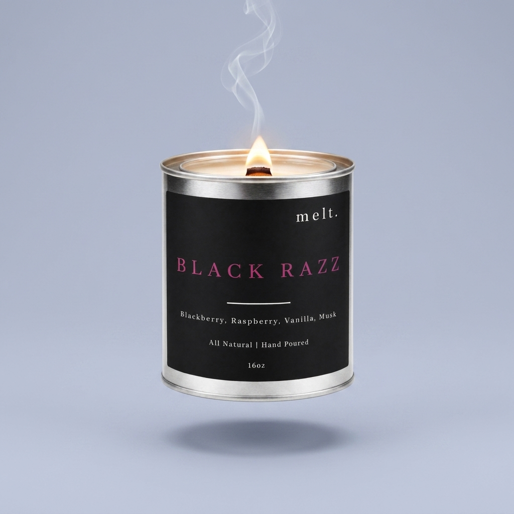 melt. black razz candle floating with lit wooden wick and a wisp of smoke on a pale periwinkle blue-gray background