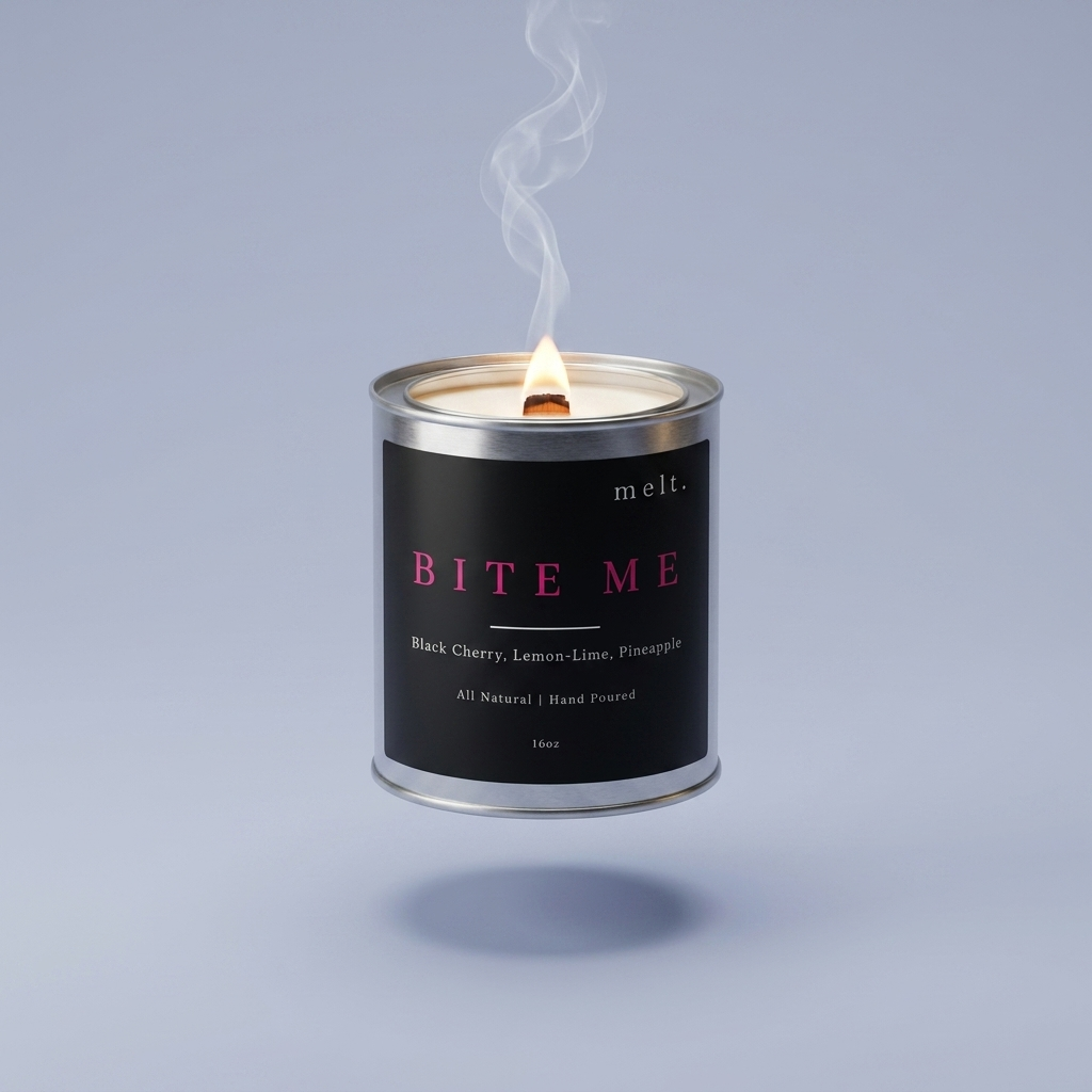 melt. bite me candle floating with lit wooden wick and a wisp of smoke on a pale periwinkle blue-gray background