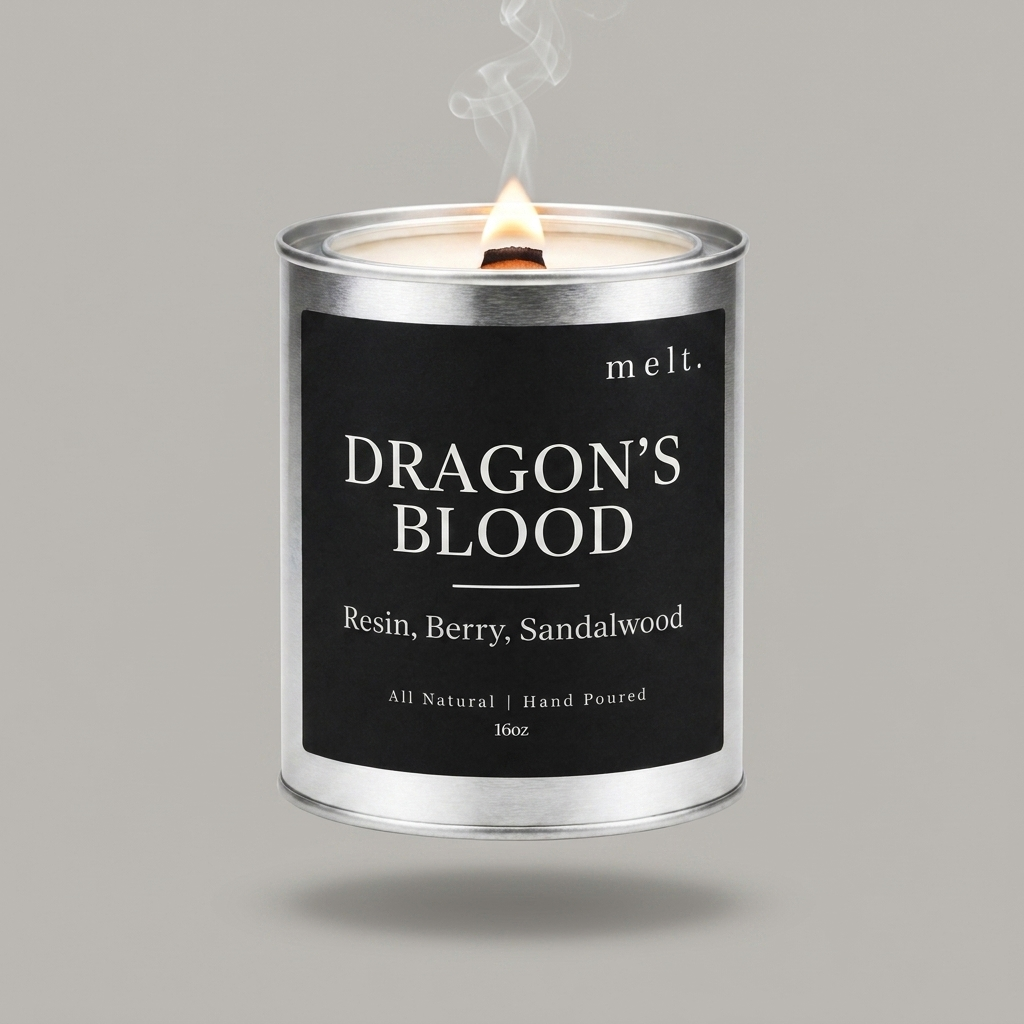 melt. dragon's blood candle floating with lit wooden wick and a wisp of smoke on a pale warm gray background