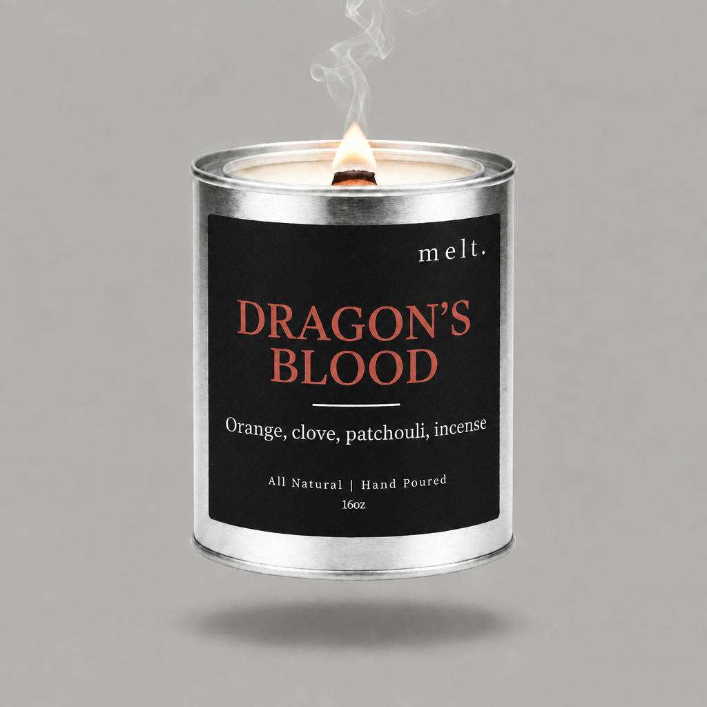melt. dragon's blood candle floating with lit wooden wick and a wisp of smoke on a pale warm gray background
