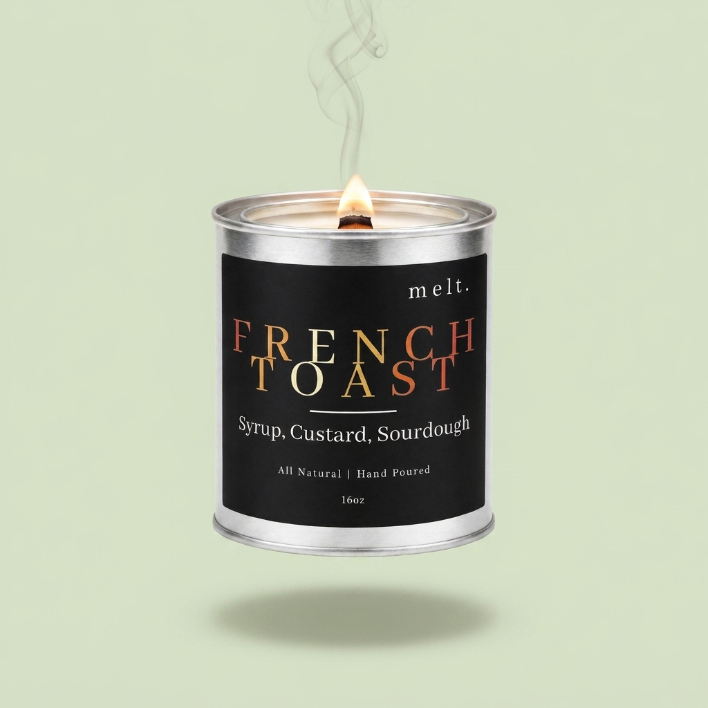 melt. french toast candle floating with lit wooden wick and a wisp of smoke on a pale sage green background