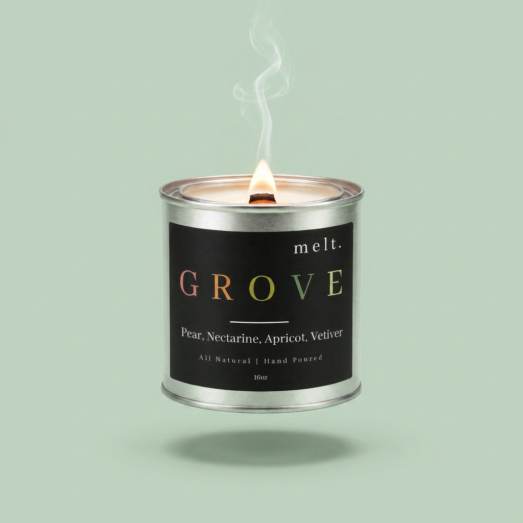 melt. grove candle floating with lit wooden wick and a wisp of smoke on a pale mint green background