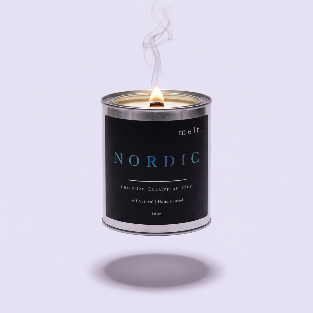 melt. nordic candle floating with lit wooden wick and a wisp of smoke on a pale lavender background