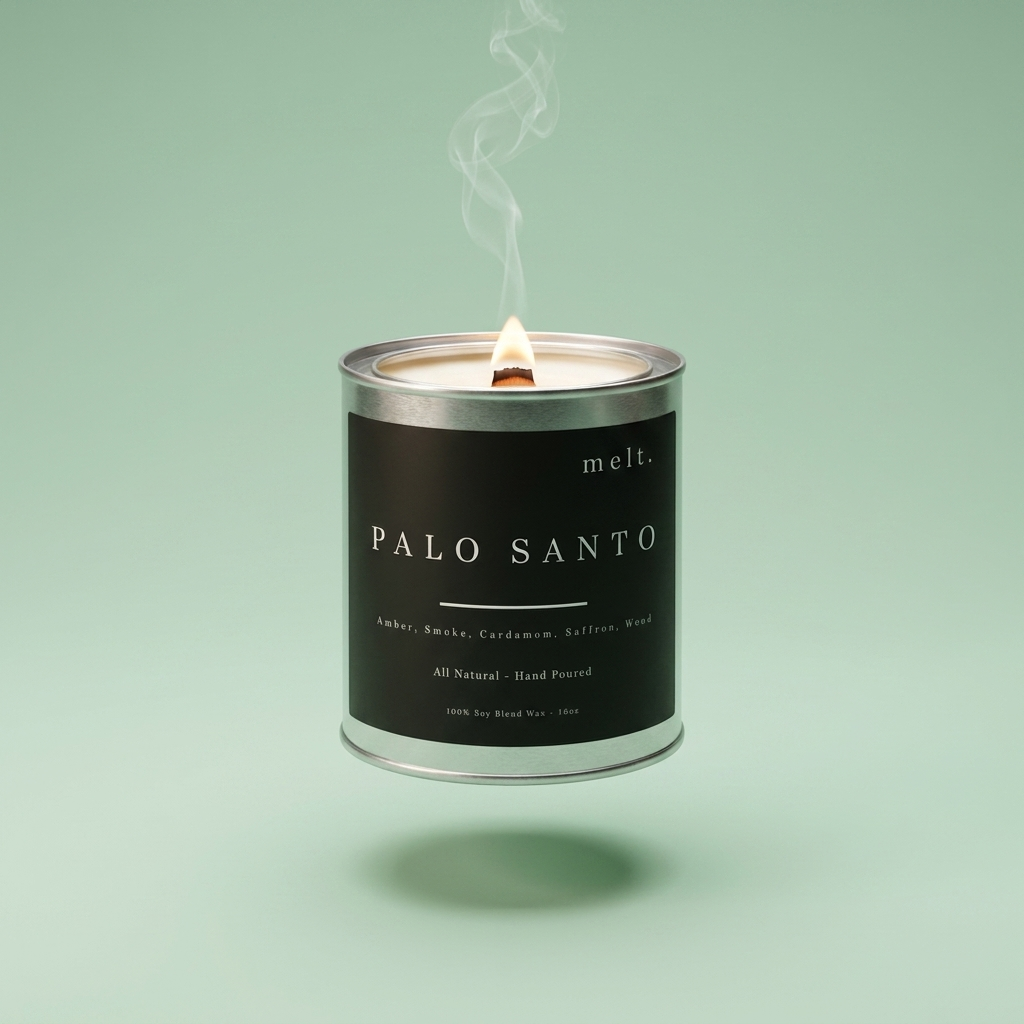 melt. palo santo candle floating with lit wooden wick and a wisp of smoke on a pale mint green background