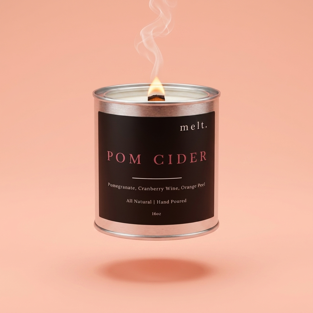 melt. pom cider candle floating with lit wooden wick and a wisp of smoke on a pale peach coral background