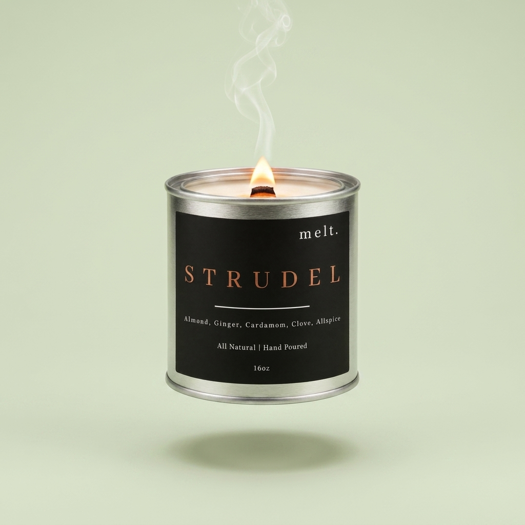 melt. strudel candle floating with lit wooden wick and a wisp of smoke on a pale sage green background