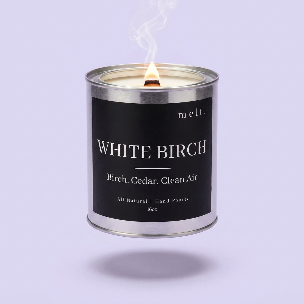 melt. white birch candle floating with lit wooden wick and a wisp of smoke on a pale lavender background