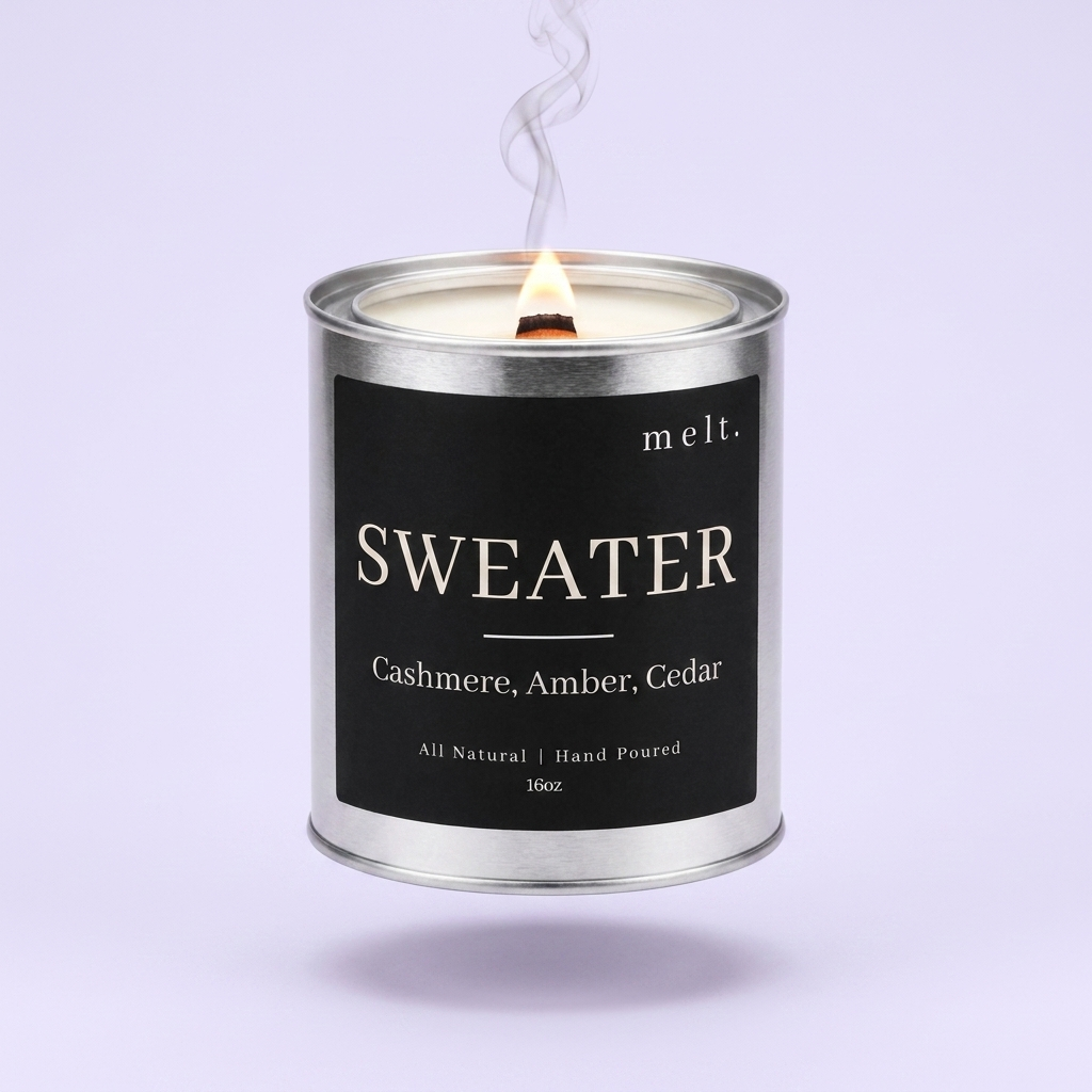 melt. sweater candle floating with lit wooden wick and a wisp of smoke on a pale lavender background