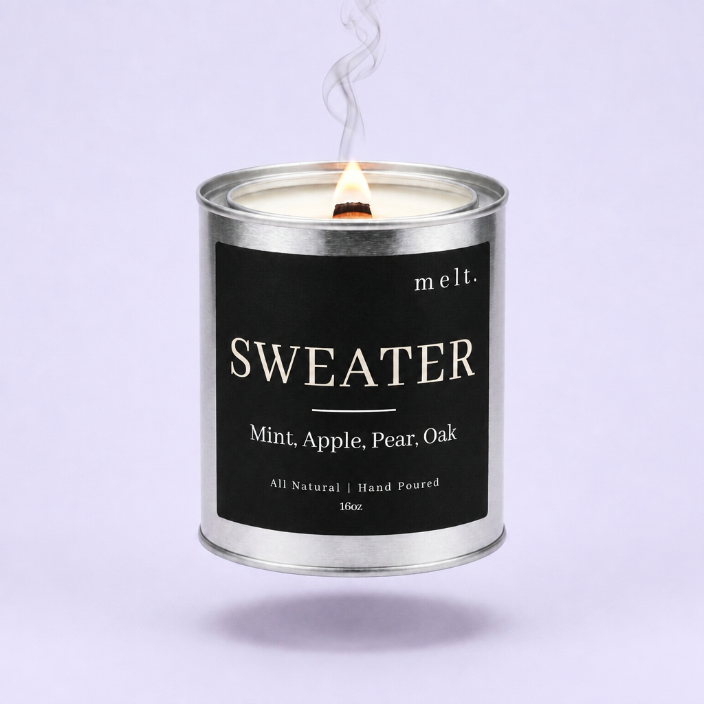 melt. sweater candle floating with lit wooden wick and a wisp of smoke on a pale lavender background