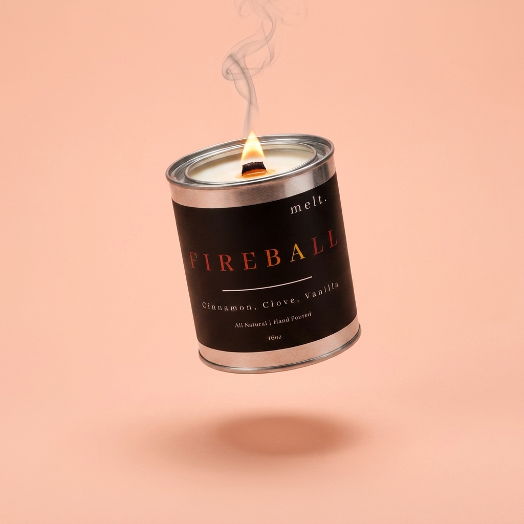 melt. fireball candle floating with lit wooden wick and a wisp of smoke on a pale peach coral background
