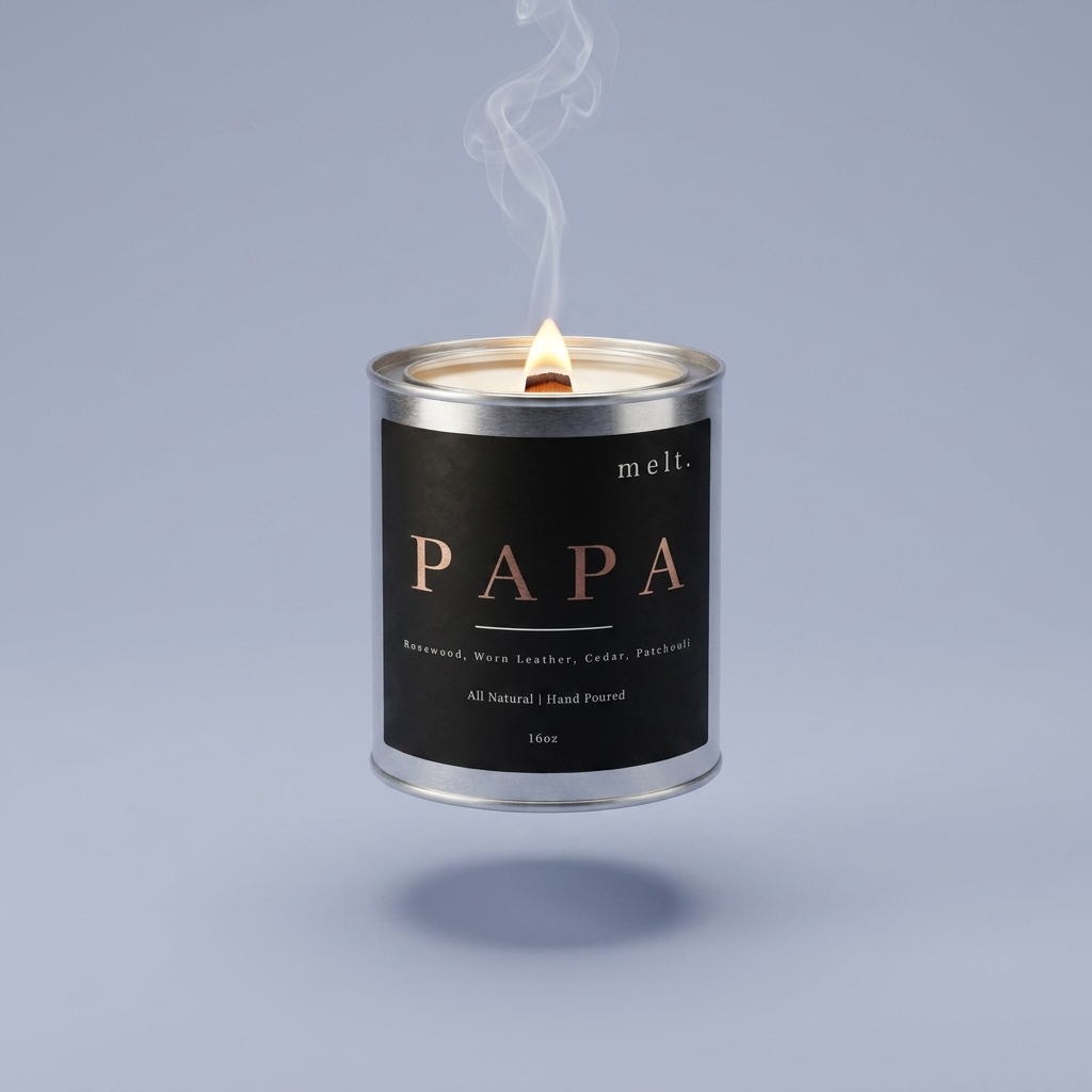 melt. papa candle floating with lit wooden wick and a wisp of smoke on a pale periwinkle blue-gray background
