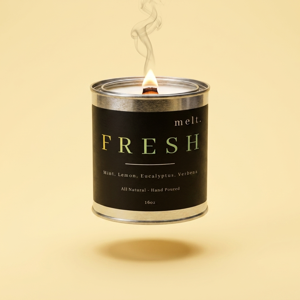 melt. fresh candle floating with lit wooden wick and a wisp of smoke on a pale butter yellow background