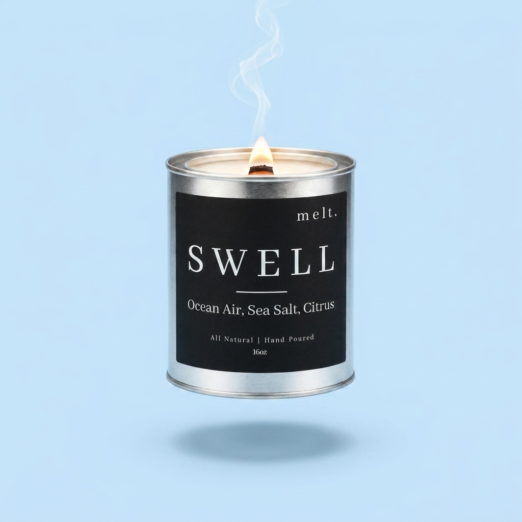 melt. swell candle floating with lit wooden wick and a wisp of smoke on a pastel sky blue background