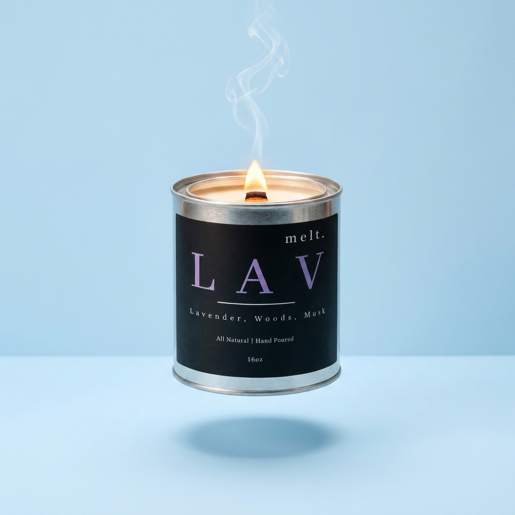 melt. lav candle floating with lit wooden wick and a wisp of smoke on a pastel sky blue background