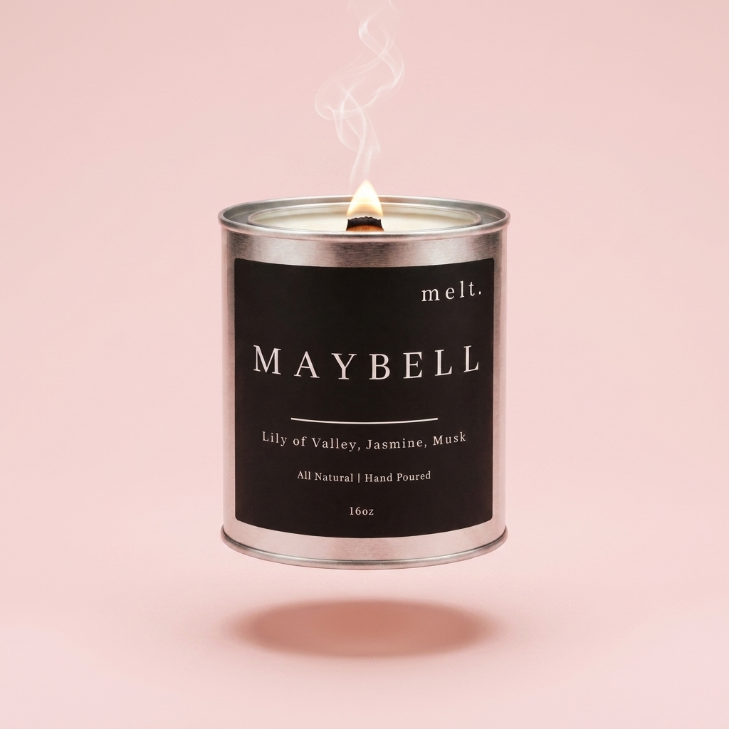 melt. maybell candle floating with lit wooden wick and a wisp of smoke on a pale blush pink background