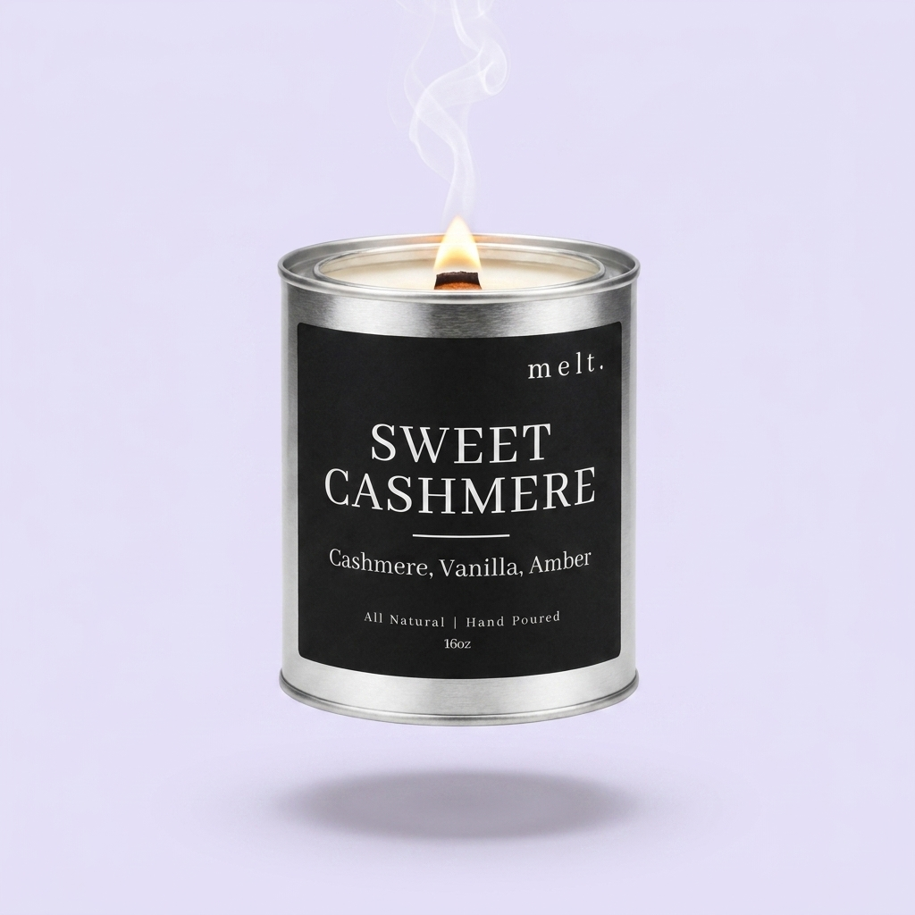 melt. sweet cashmere candle floating with lit wooden wick and a wisp of smoke on a pale lavender background