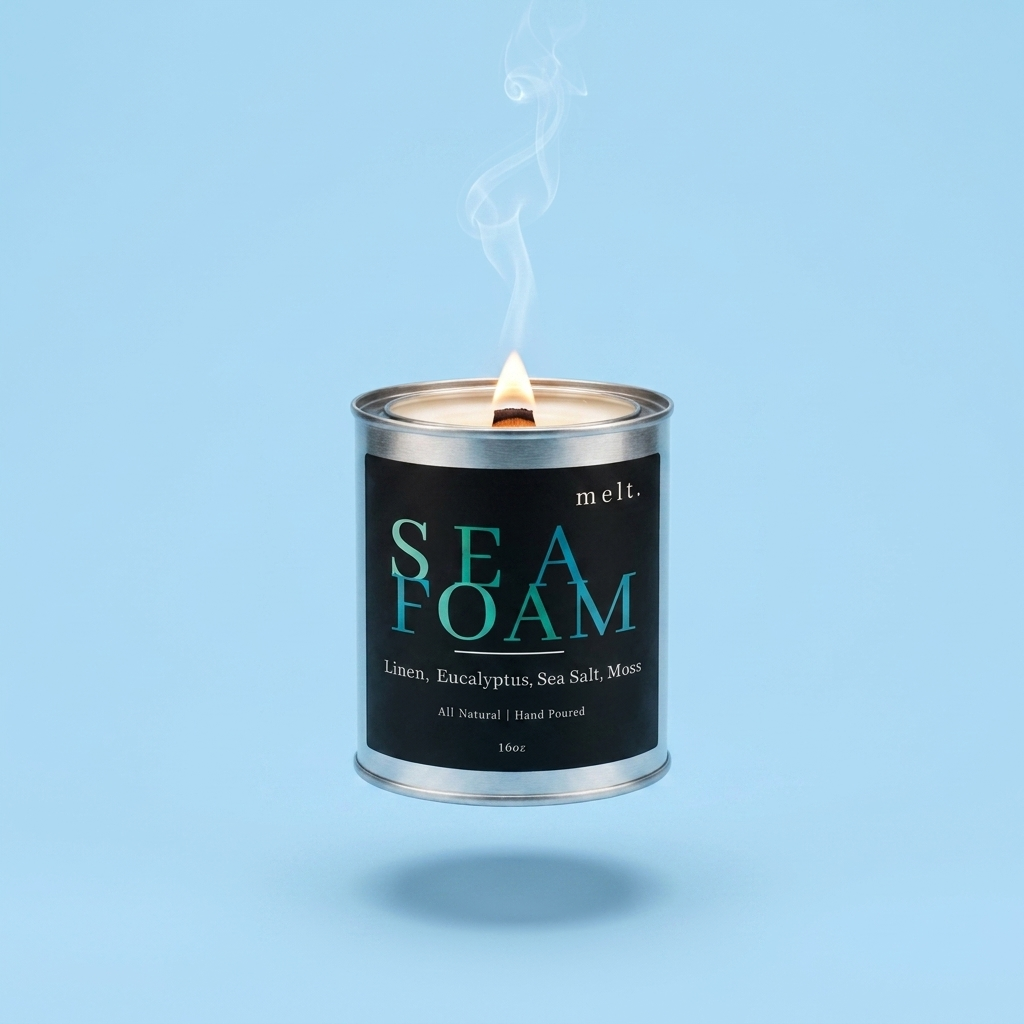 melt. seafoam candle floating with lit wooden wick and a wisp of smoke on a pastel sky blue background