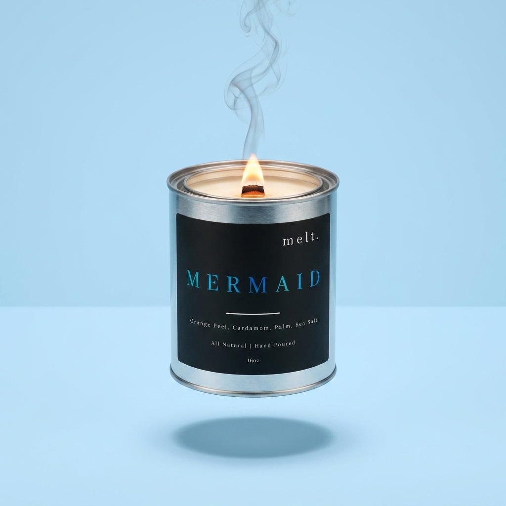melt. mermaid candle floating with lit wooden wick and a wisp of smoke on a pastel sky blue background