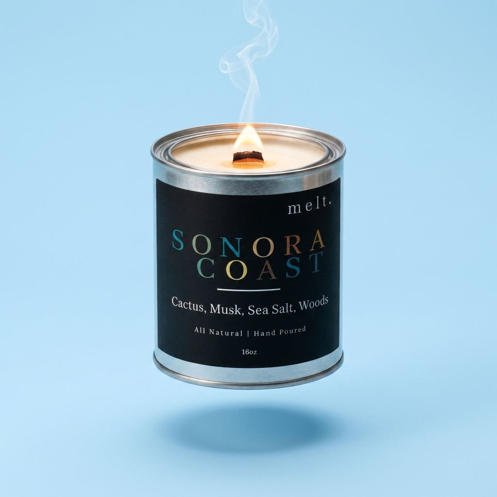 melt. sonoran coast candle floating with lit wooden wick and a wisp of smoke on a pastel sky blue background