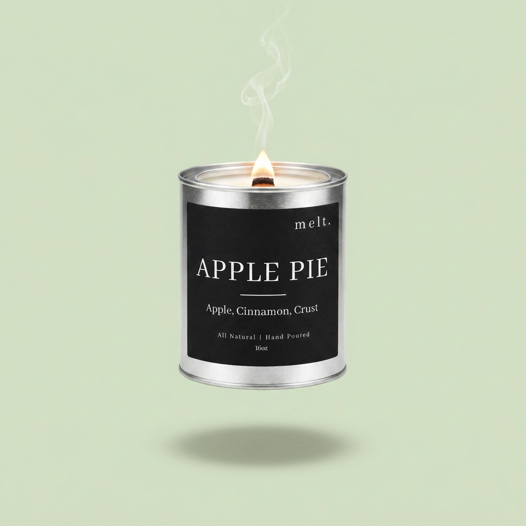 melt. apple pie candle floating with lit wooden wick and a wisp of smoke on a pale sage green background