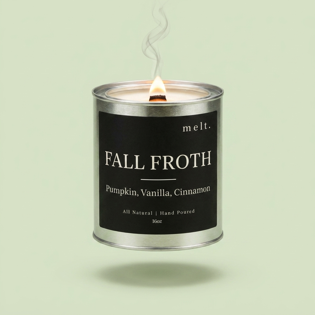 melt. fall froth candle floating with lit wooden wick and a wisp of smoke on a pale sage green background