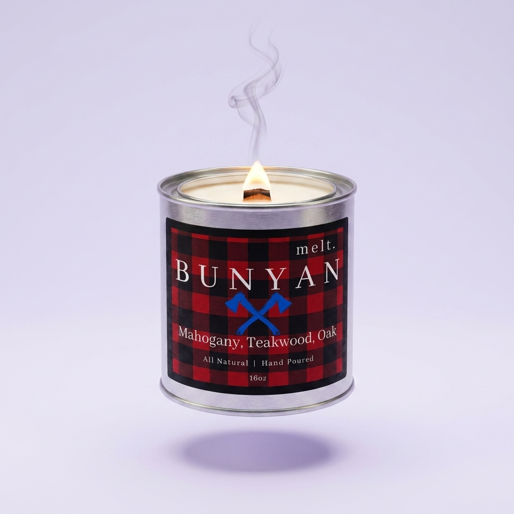 melt. bunyan candle floating with lit wooden wick and a wisp of smoke on a pale lavender background