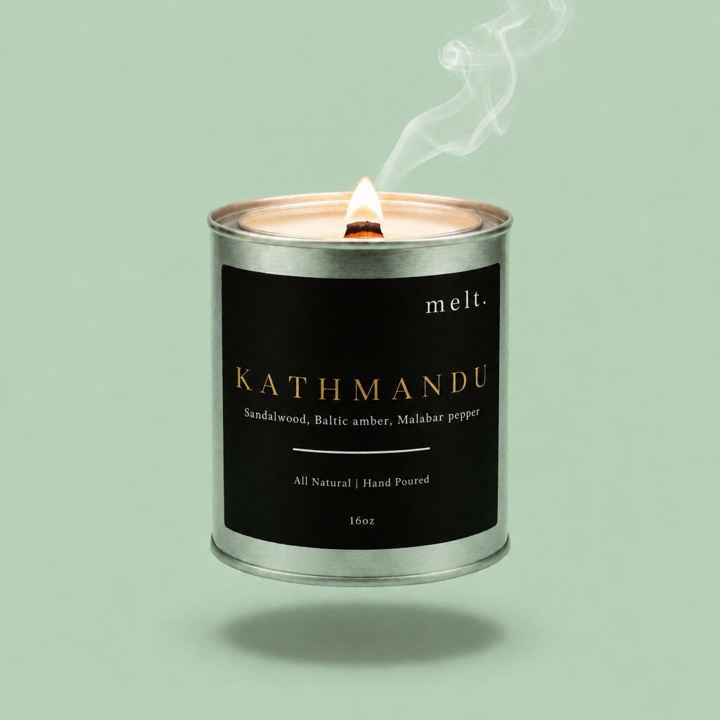melt. kathmandu candle floating with lit wooden wick and a wisp of smoke on a pale mint green background