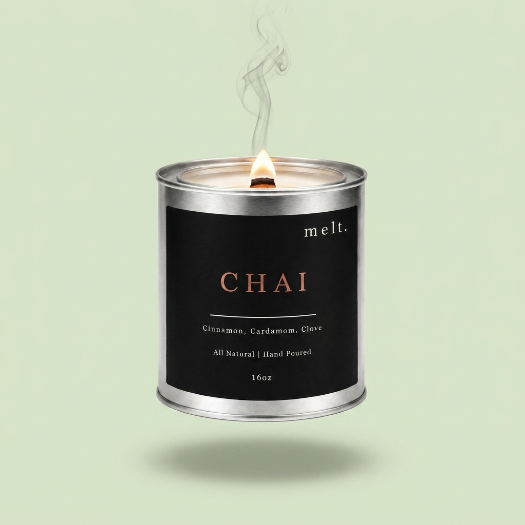 melt. chai candle floating with lit wooden wick and a wisp of smoke on a pale sage green background