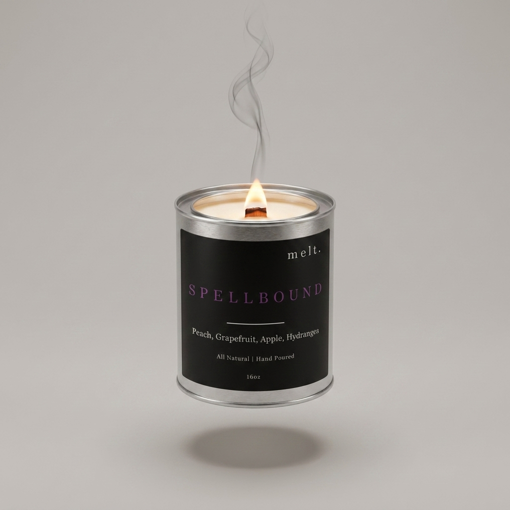 melt. spellbound candle floating with lit wooden wick and a wisp of smoke on a pale warm gray background