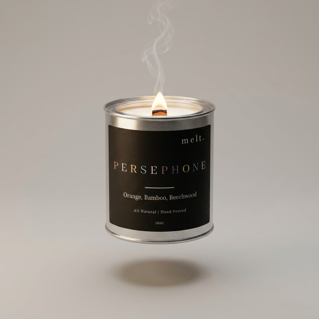 melt. persephone candle floating with lit wooden wick and a wisp of smoke on a pale warm gray background