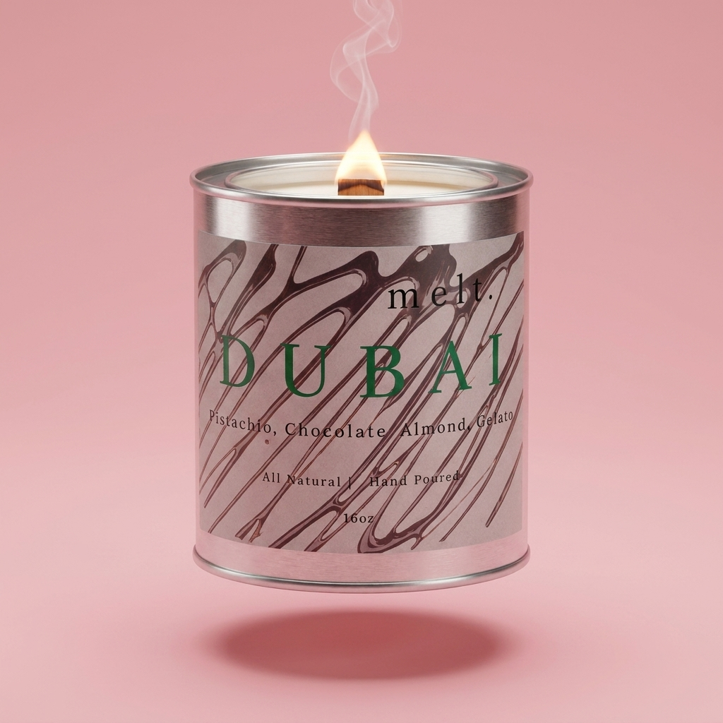 melt. dubai candle floating with lit wooden wick and a wisp of smoke on a pale rose pink background