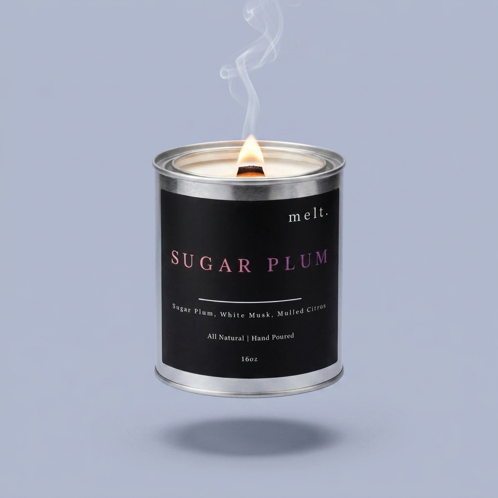 melt. sugar plum candle floating with lit wooden wick and a wisp of smoke on a pale periwinkle blue-gray background