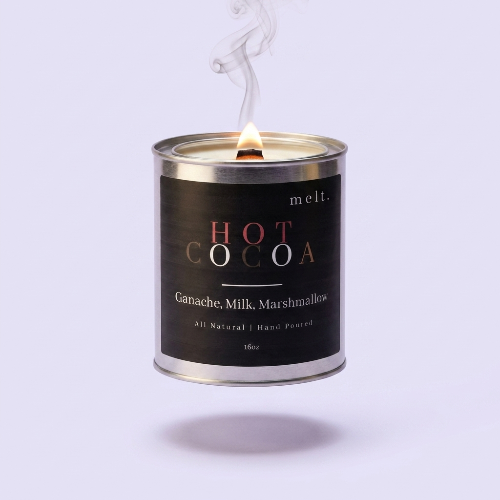 melt. hot cocoa candle floating with lit wooden wick and a wisp of smoke on a pale lavender background