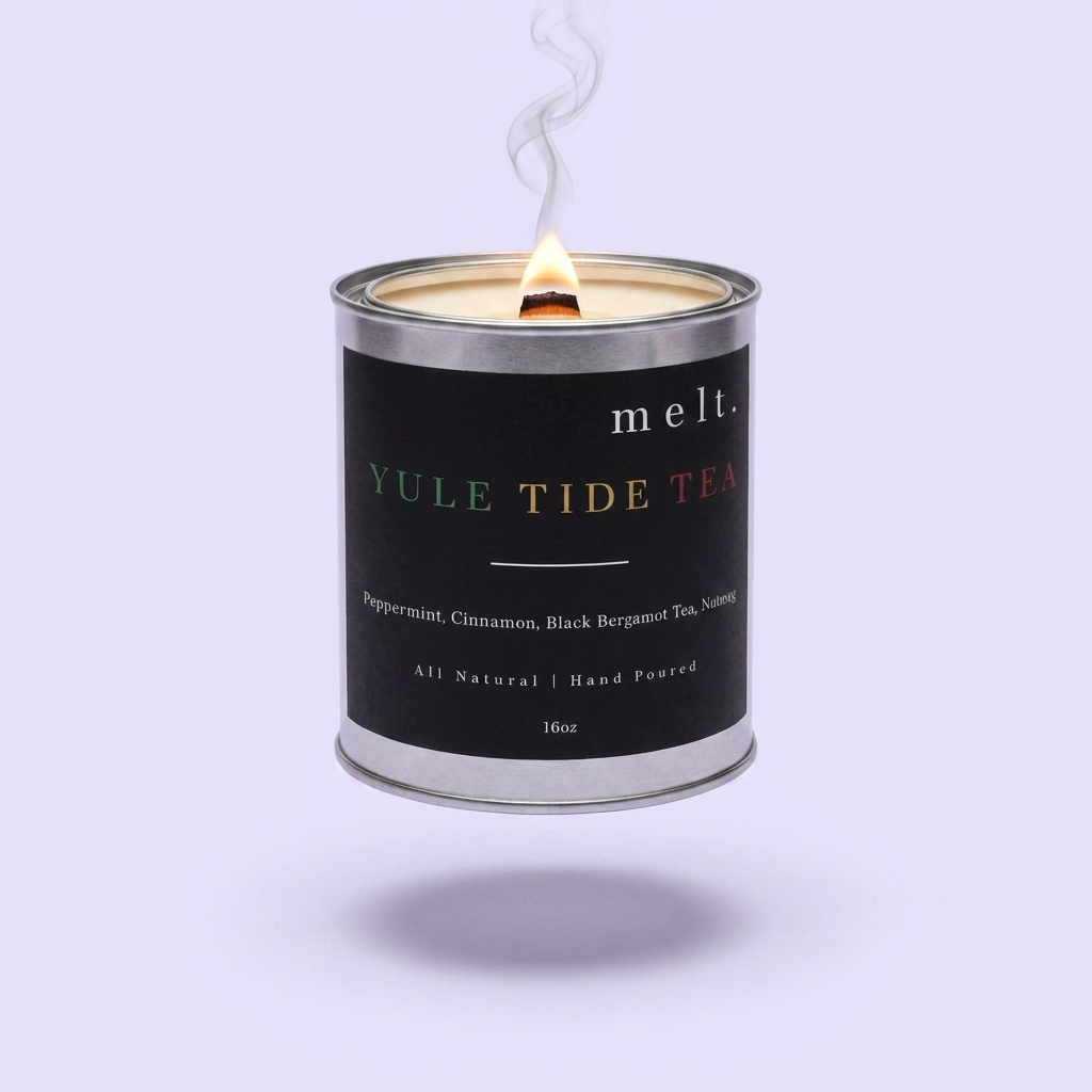 melt. yule tide tea candle floating with lit wooden wick and a wisp of smoke on a pale lavender background