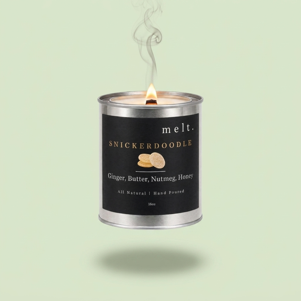 melt. snickerdoodle candle floating with lit wooden wick and a wisp of smoke on a pale sage green background