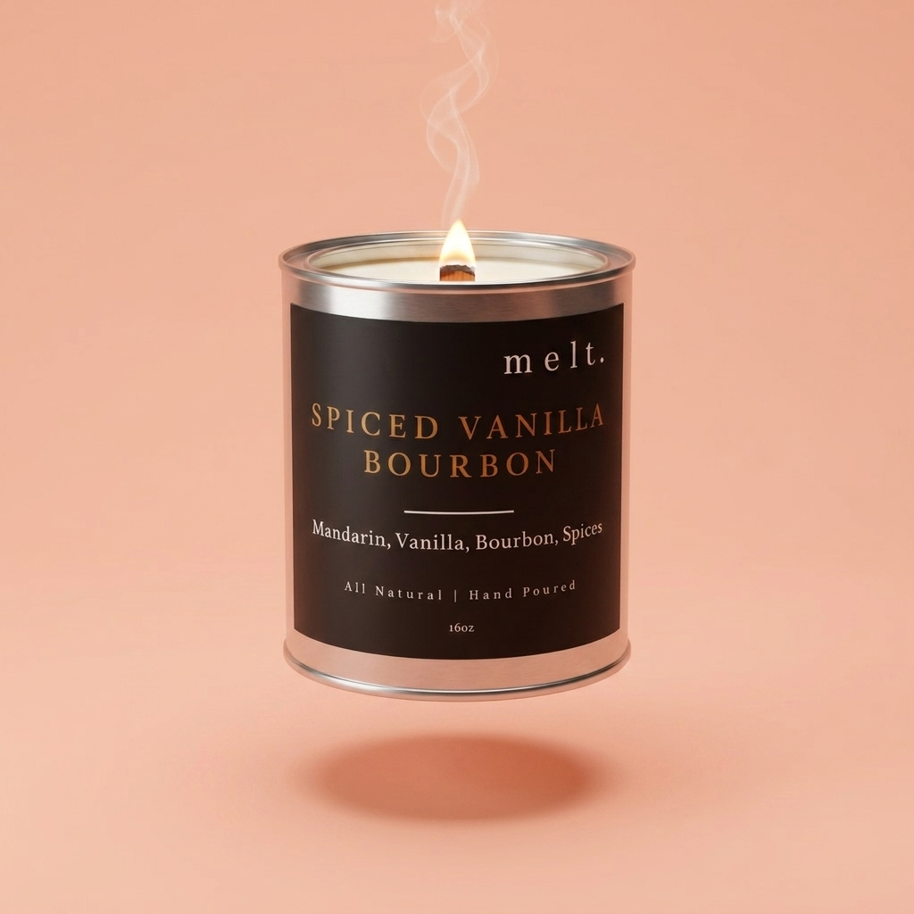 melt. spiced vanilla bourbon candle floating with lit wooden wick and a wisp of smoke on a pale peach coral background