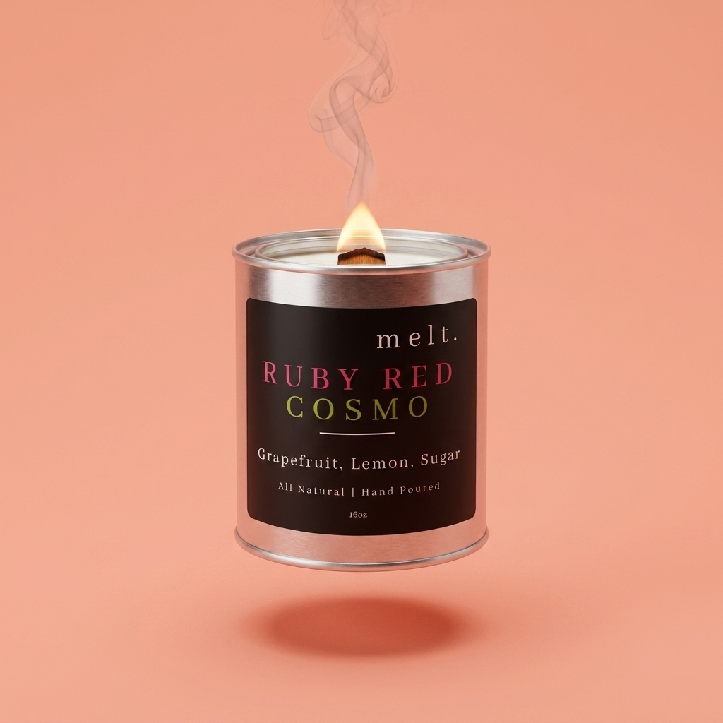 melt. ruby red cosmo candle floating with lit wooden wick and a wisp of smoke on a pale peach coral background
