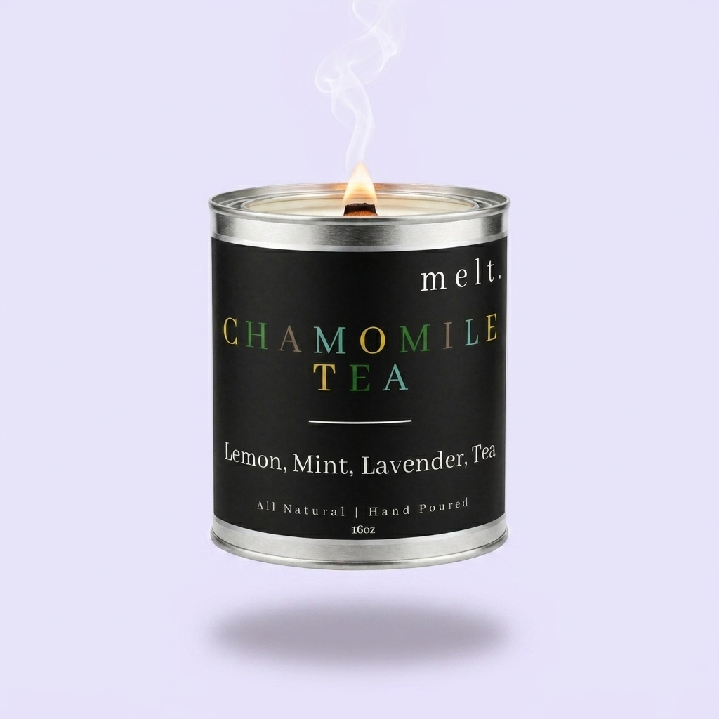 melt. chamomile tea candle floating with lit wooden wick and a wisp of smoke on a pale lavender background