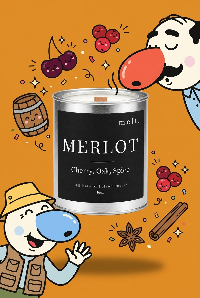 melt. merlot candle with cartoon sniffer mascots and floating scent ingredients on a bright background
