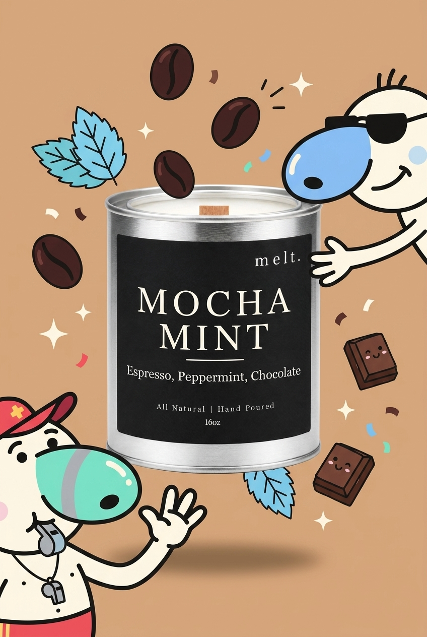 melt. mocha mint candle with cartoon sniffer mascots and floating scent ingredients on a bright background