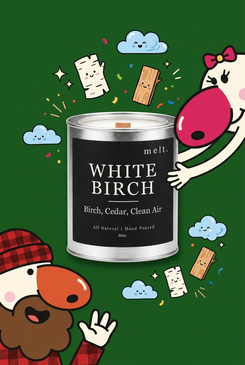 melt. white birch candle with cartoon sniffer mascots and floating scent ingredients on a bright background