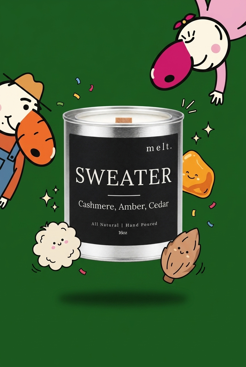 melt. sweater candle with cartoon sniffer mascots and floating scent ingredients on a bright background