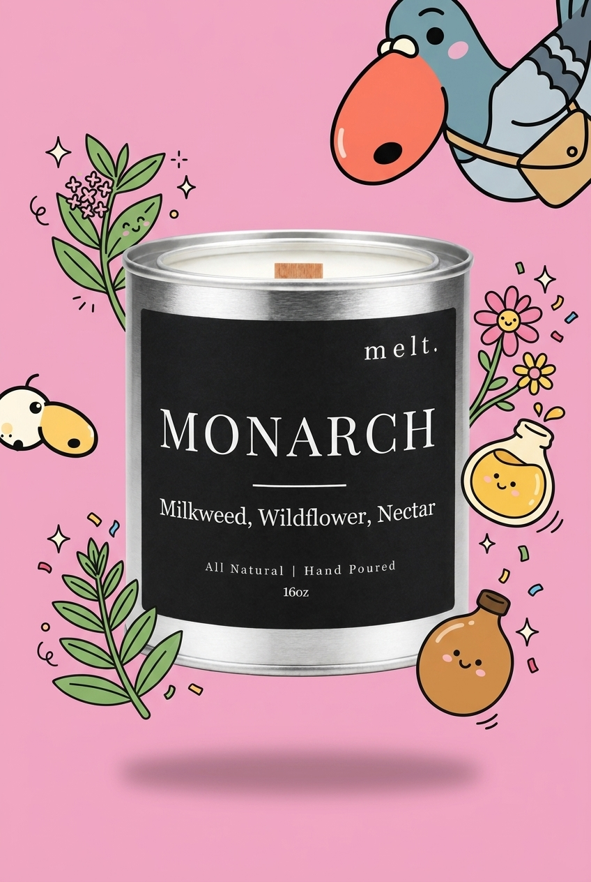 melt. monarch candle with cartoon sniffer mascots and floating scent ingredients on a bright background