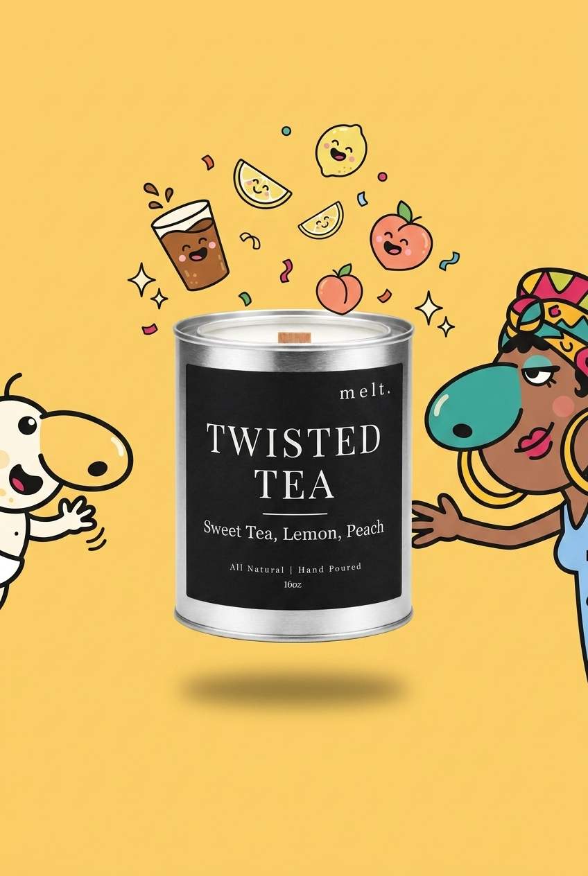 melt. twisted tea candle with cartoon sniffer mascots and floating scent ingredients on a bright background