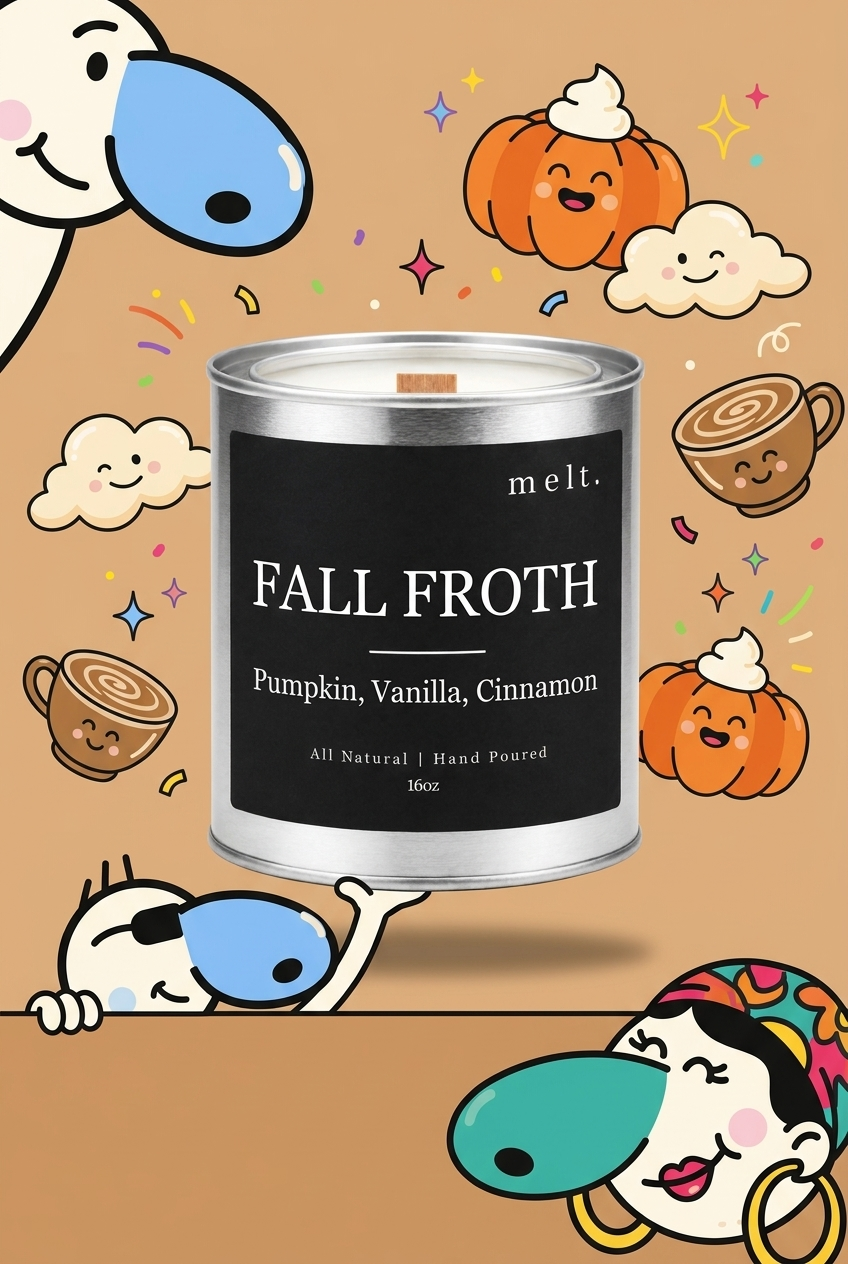 melt. fall froth candle with cartoon sniffer mascots and floating scent ingredients on a bright background
