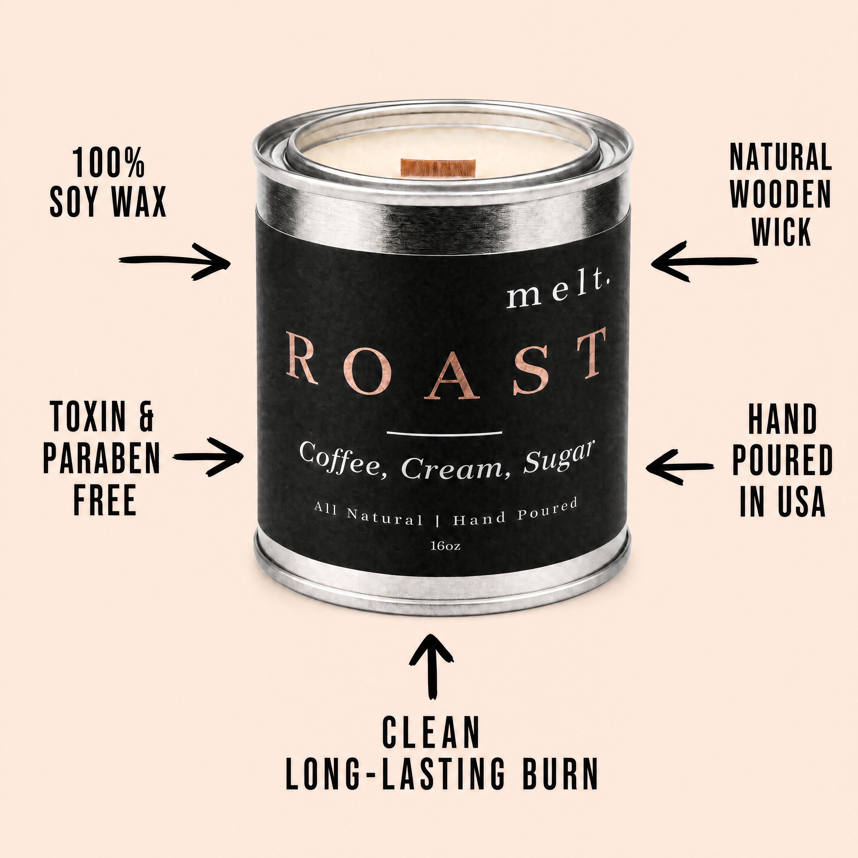 melt. candle — 100% soy wax, natural wooden wick, toxin & paraben free, hand poured in USA