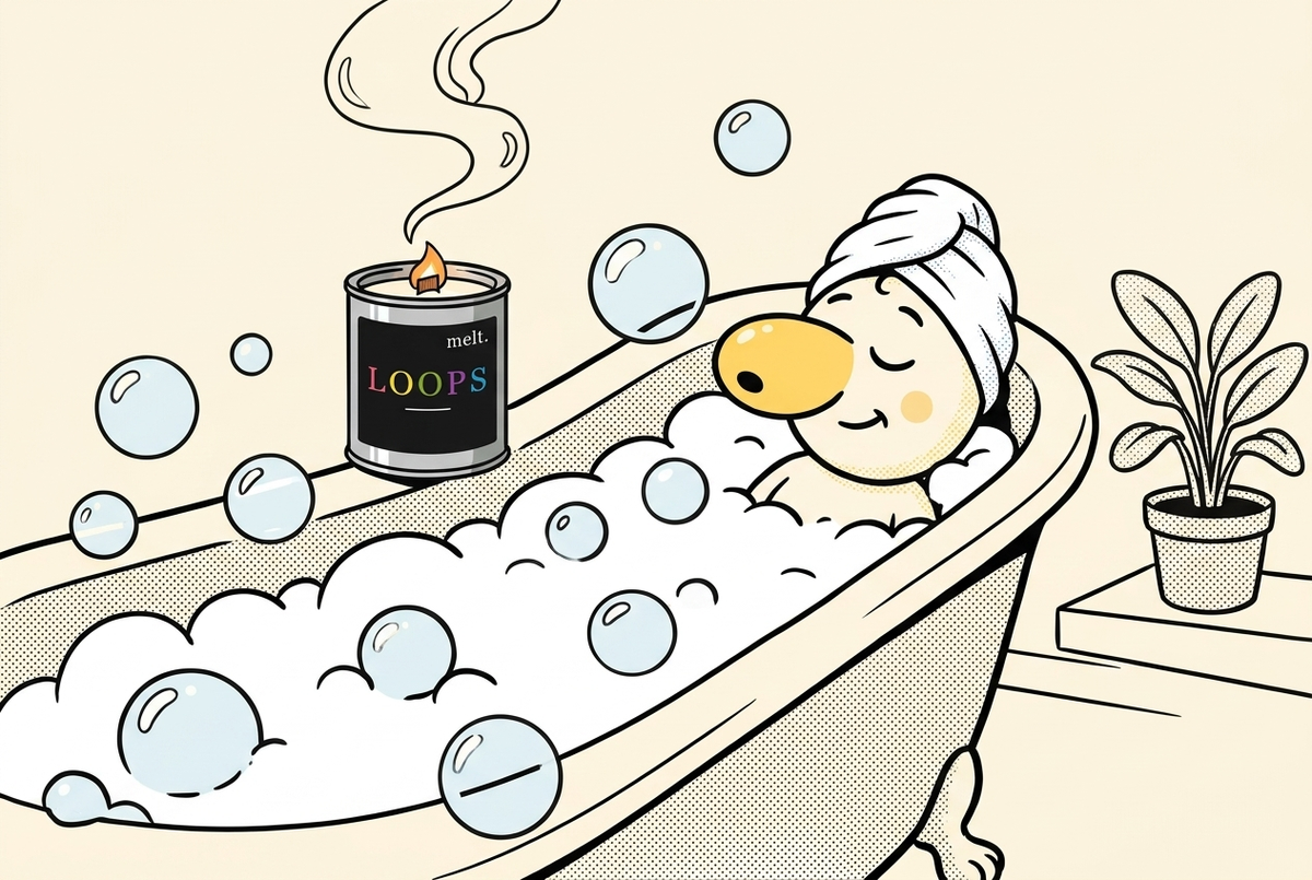 cartoon illustration of a melt. soy candle burning on the edge of a claw-foot bubble bath while a mascot relaxes in the tub