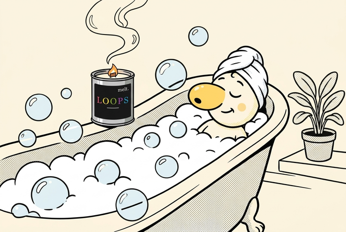 cartoon illustration of a melt. soy candle burning on the edge of a claw-foot bubble bath while a mascot relaxes in the tub