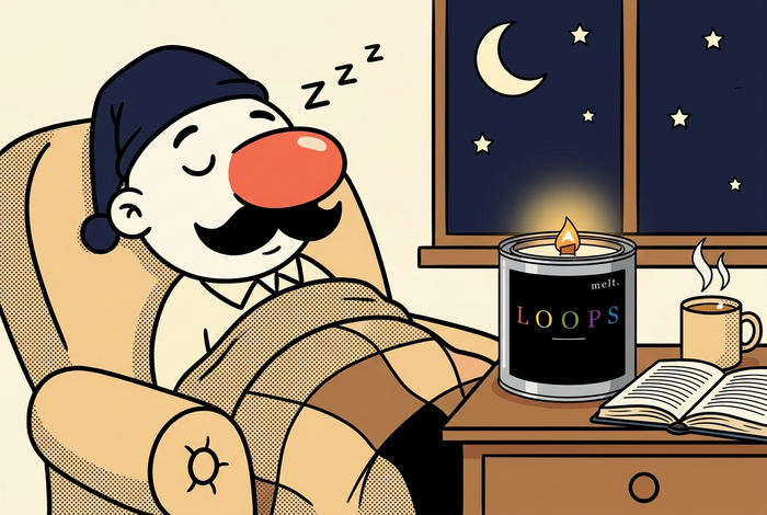 cozy nighttime wind-down cartoon with a lit melt. wooden wick candle glowing on the nightstand beside a book and tea